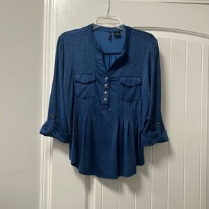 New Directions Blue Pleated Blouse with Cuffed Sleeves and Mandarin Collar